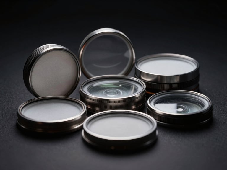 Artistic arrangement of Freewell VND, CPL, and Mist filters, showcasing their metallic rings and glass elements, dramatic studio lighting, dark moody background, sharp macro details.