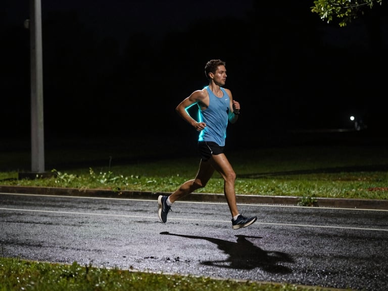Wide isolated environmental shot of a runner on wet asphalt at night, heavy negative space, sharp electric cyan rim light