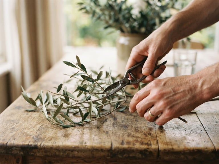 Close-up of hands gently trimming a wild olive branch on a rustic wooden table, soft morning window light, shallow depth of field, warm 35mm film