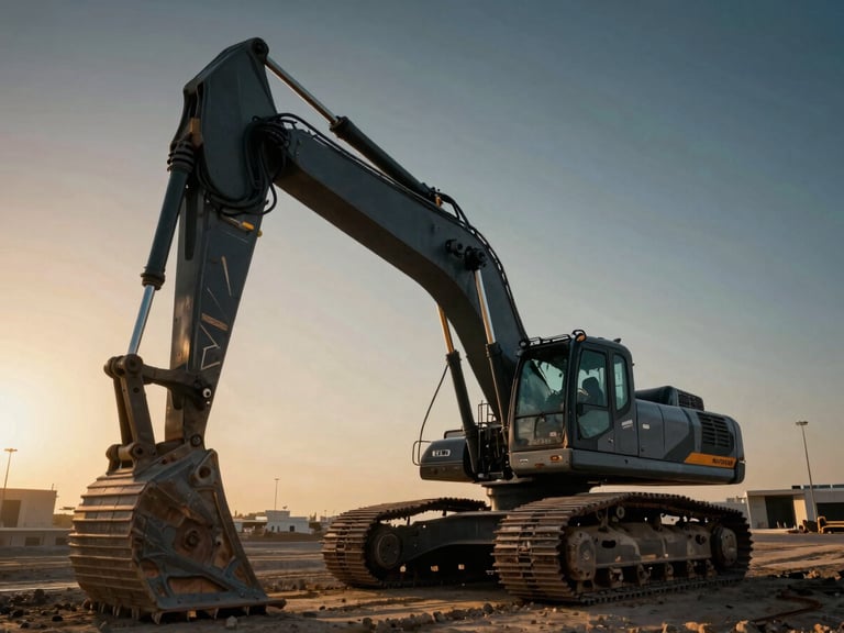 Low-angle heroic shot of a massive modern hydraulic excavator operating on a grand UAE infrastructure site during golden hour, dramatic low-sun lighting casting long shadows, metallic textures, cinematic industrial photography, 35mm lens