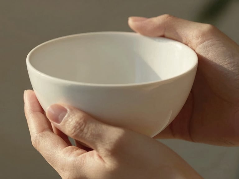 Extreme close-up of delicate hands holding a minimalist ceramic object in warm morning light, soft shadows, luxury feel