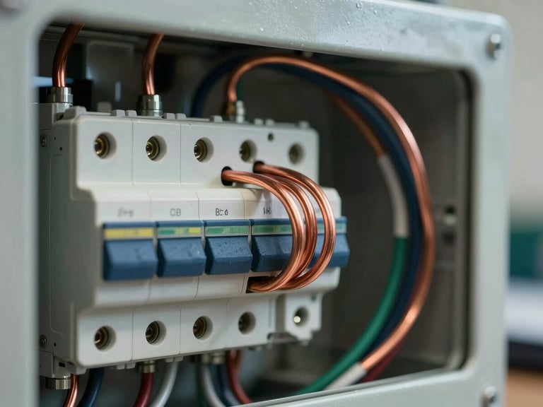 A tight macro shot of clean copper wiring runs inside a newly upgraded breaker panel, with sharp focus on technical precision and neat organization.