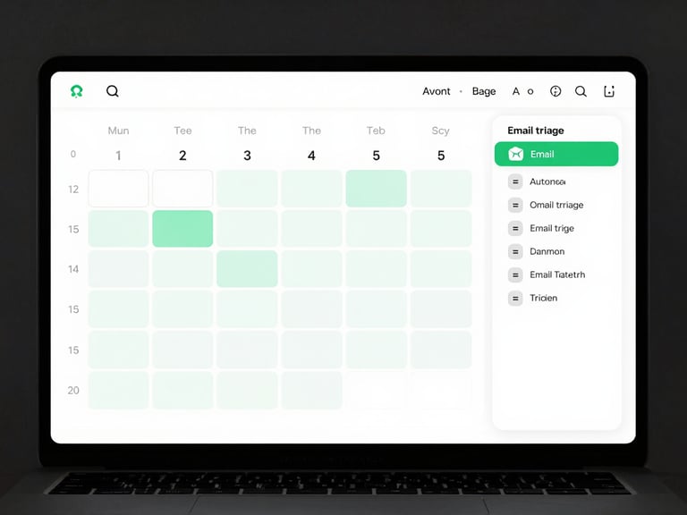 A crisp, flat UI wireframe showing a clean calendar schedule interface with automated time blocks and a sidebar indicating automated email triage status, rendered in a monochrome style with terminal green accents.