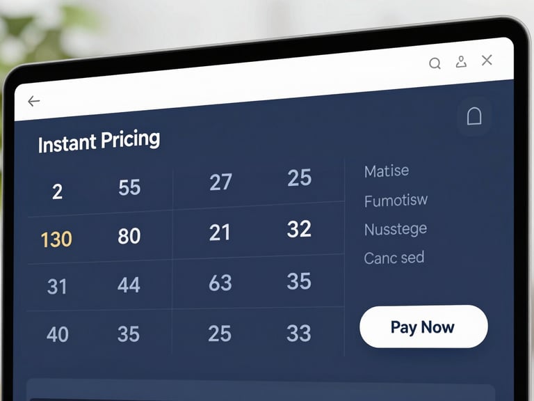 Clean screenshot of a digital dashboard with an instant pricing calculator interface, showing clear numbers and a 'Pay Now' button. Bright, natural daylight.