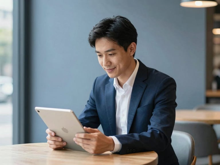 Medium shot of a business owner in a modern cafe, confidently reviewing a digital license on a tablet, with a subtle smile. Natural daylight, clean blue and slate tones.