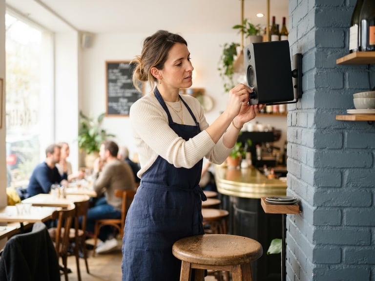 Bright editorial photography of a local business owner in a modern French cafe, adjusting a sleek wall speaker, natural daylight, clean blue and slate tones, sharp focus.