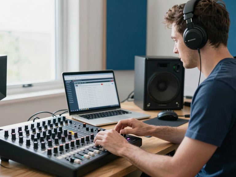 Medium shot of a music creator in a bright home studio, focused on a mixing board, a laptop displaying a royalty dashboard. Bright, natural daylight.