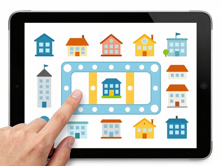 Screenshot of a cooperative town-building game interface on an Android tablet, focus on simple drag-and-drop mechanics, bright vector buildings, clean geometric shapes, diverse hands interacting, soft studio light.