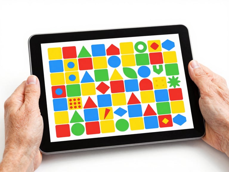 Screenshot of a colorful, high-contrast matching puzzle game interface on an Android tablet, focus on geometric shapes and bright colors, hands of a child and grandparent visible, soft studio light.