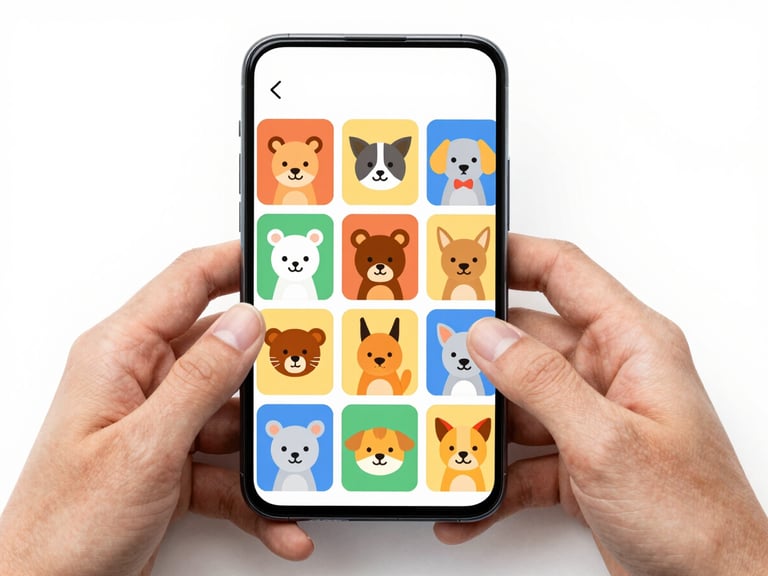 Screenshot of a memory game interface with friendly vector animal characters on an Android phone, clean layout, large cards, bright, even lighting, hands of an adult visible.