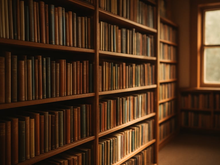 Warm environmental shot of the Beth El community library, sunlight illuminating rows of books, quiet and peaceful atmosphere, rich muted tones, shallow depth of field.