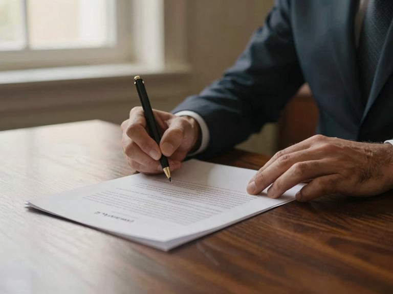 Close-up of hands signing legal documents on a dark oak desk, warm soft daylight from a nearby window, professional and dignified setting, rich muted tones.