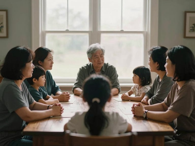 Medium shot of a multi-generational family sitting in quiet conversation around a wooden table, soft natural window light, rich muted tones, 35mm film look.