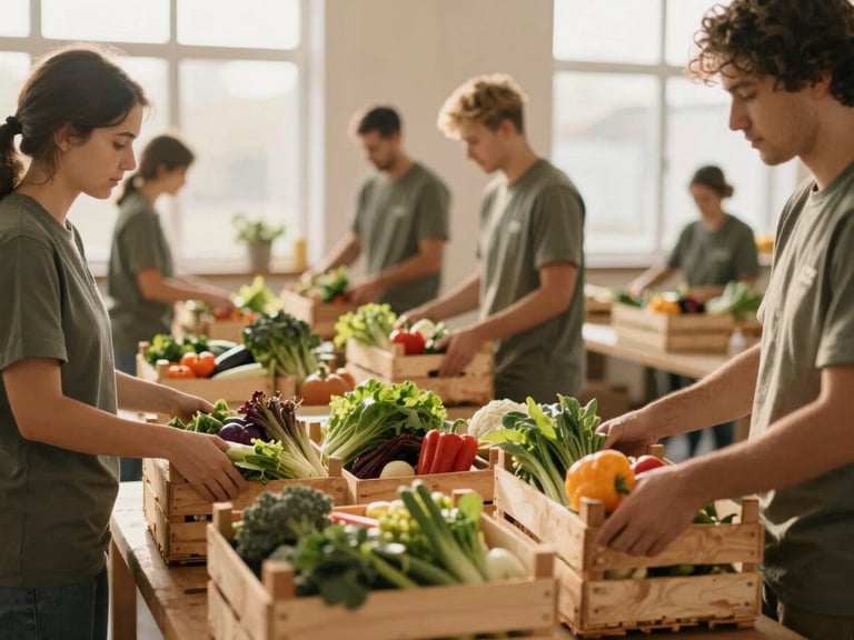 Warm environmental shot of volunteers packing wooden crates with fresh colorful vegetables in a bright community hall, soft golden hour light