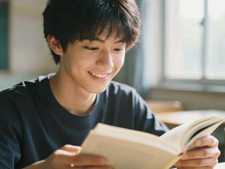 Close-up of a young person smiling in a sunlit classroom, holding an open book, soft natural window light, shallow depth of field