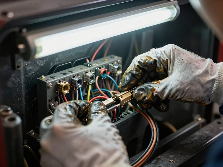 Extreme close-up of a technician's hands tracing electrical wiring harness on a truck chassis, cool workshop fluorescent light, frayed connector visible in sharp focus, oil-stained gloves, dark steel background