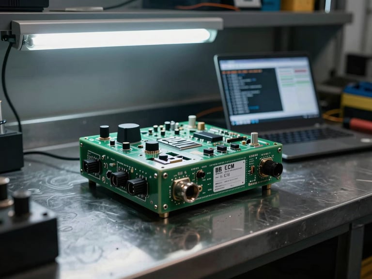 ECM control module sitting on a steel workbench under cool fluorescent light, serial number label in sharp focus, diagnostic laptop screen visible in background showing code readout, dark workshop environment