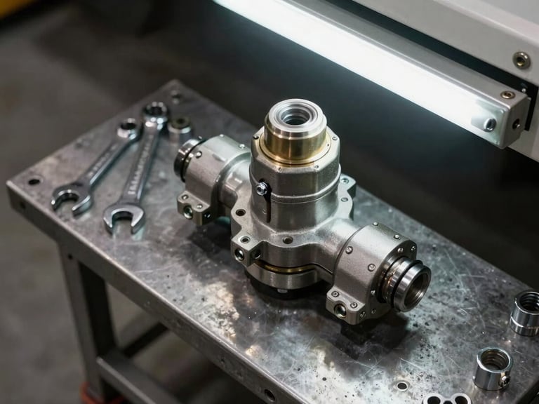 Close-up overhead shot of a semi-trailer brake valve assembly on a steel workbench, Knorr-Bremse casting visible, workshop fluorescent light, wrenches and fittings arranged beside the component, concrete floor below