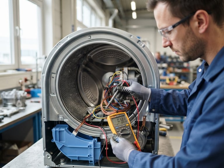Crisp industrial photography of a technician testing copper wiring inside a modern washing machine drum, bright natural daylight, sharp focus, clean metallic and blue tones.