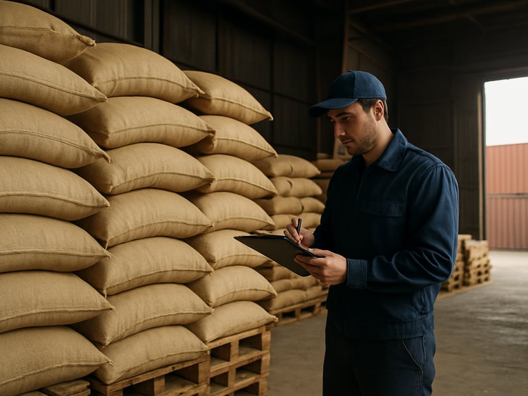 Wide environmental shot from mid-distance of a logistics agent in work clothes inspecting stacked sacks of bulk grain cargo inside a port warehouse, clipboard in hand, natural daylight entering through a side bay, wooden pallets and container walls visible in background