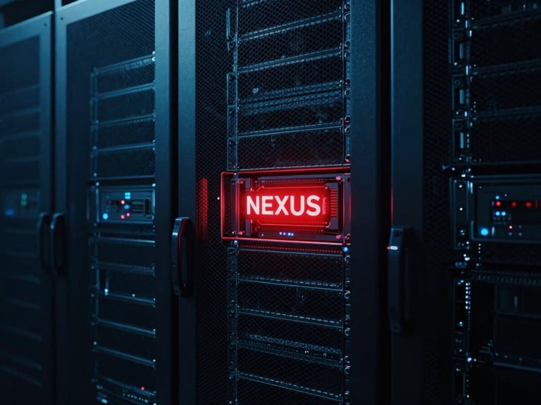 Cinematic dark photography of high-tech server racks bathed in cold blue light, with a glowing red core, representing the birth of NEXUS, 35mm