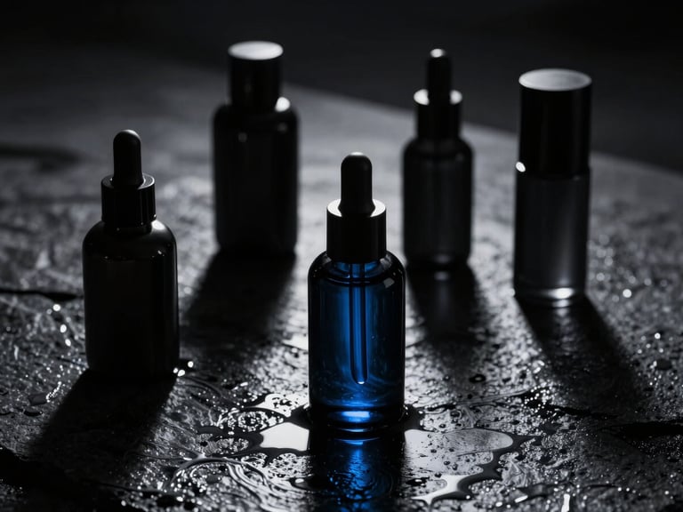 Cinematic editorial photography of minimalist black cosmetic glass bottles on a wet dark stone surface, high-contrast studio lighting, deep shadows, electric blue light reflections, 35mm anamorphic lens