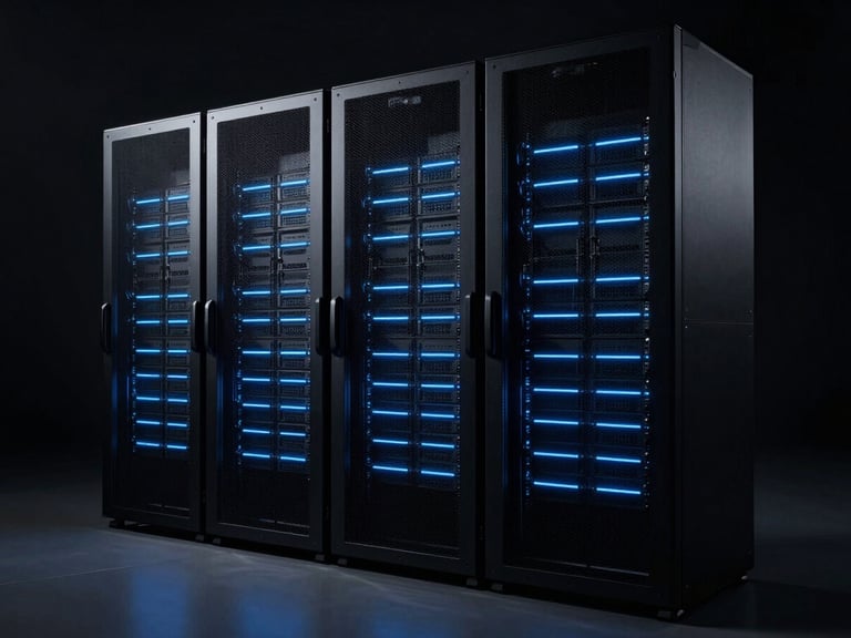 Cinematic editorial photography of a high-tech server rack array, glowing minimalist blue LED lines, stark dark environment, deep shadows, high-contrast premium corporate aesthetic, 35mm anamorphic lens