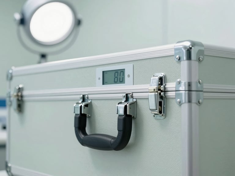 Macro shot of a clean-room medical transport case with digital temperature display, secure locking latch, clinical studio light.