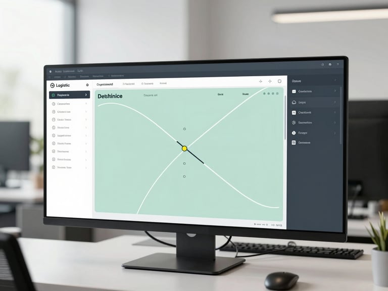 Sleek modern logistics dispatch dashboard with digital tracking routes on screens, crisp minimalist office environment, bright daylight, desaturated sage and charcoal tones, sharp focus, editorial style