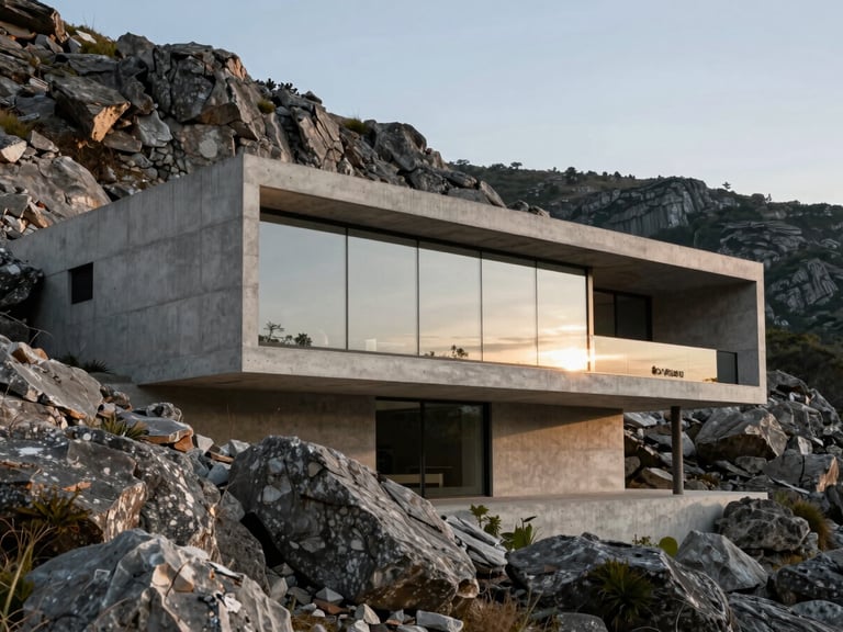 Wide environmental shot of a minimalist concrete home embedded in a rocky hillside, massive glass spans reflecting the low-angle morning sun