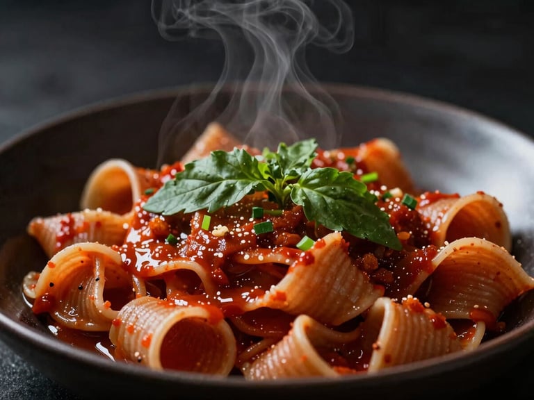 Close-up of steam rising from a bowl of handmade pasta on a dark ceramic plate, moody high-contrast lighting, rich crimson tones.