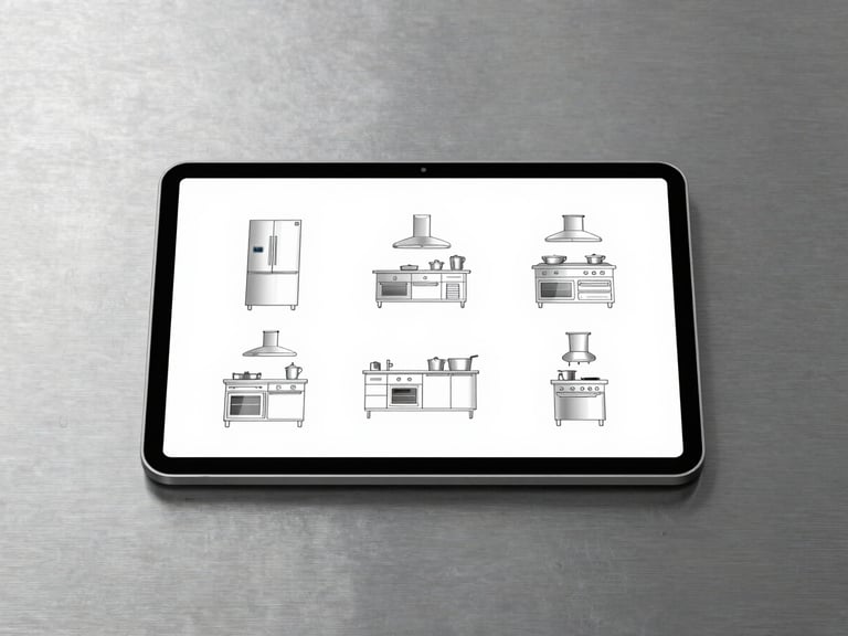 Minimalist digital catalog mockup displaying clean technical drawings of commercial kitchen equipment on a modern tablet screen, placed on a brushed steel background with sharp metallic reflections