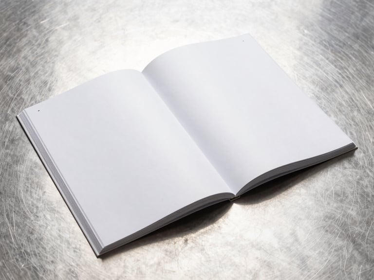 Crisp industrial product photography of a thick printed technical catalog lying on a brushed stainless steel surface, high-key studio lighting, sharp metallic reflections