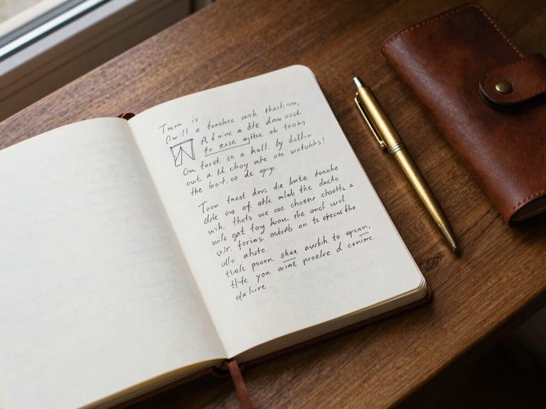 Overhead flat-lay of a wooden travel desk, an open notebook with handwritten ink, a brass pocket pen, and a leather sleeve, natural window light.
