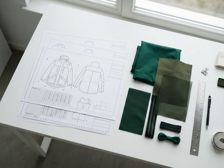 Overhead shot of structured apparel specification sheets and textile swatches on a clean white desk, crisp natural light, 35mm