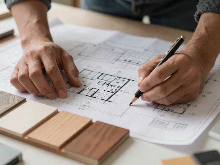 Close-up of hands reviewing architectural blueprints next to timber material swatches on a workspace, natural side lighting, professional focus.