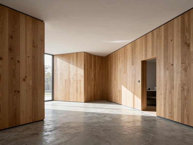 Wide architectural angle of a modern Scandinavian interior with clean lines, warm oak paneling, and concrete floors illuminated by bright daylight.