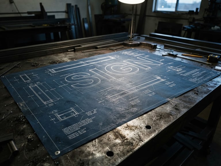 Close-up of a technical blueprint of a channel letter sign on a metal fabrication table, sharp architectural drafting lines, industrial lighting, 35mm lens