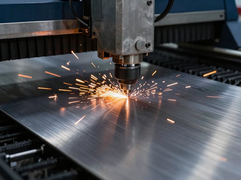 Macro close-up of a high-precision fiber laser cutting machine slicing through a thick plate of brushed stainless steel, bright orange sparks flying, dark industrial workshop setting, sharp focus, 35mm lens.