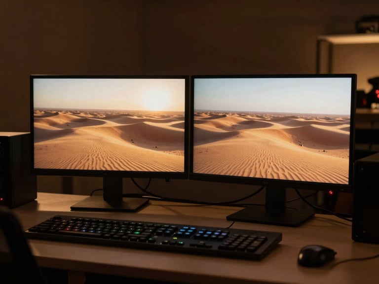 A high-end editing suite with dual monitors displaying rich, warm-toned cinematic footage of a desert landscape, dim studio lighting, professional colorist workspace.