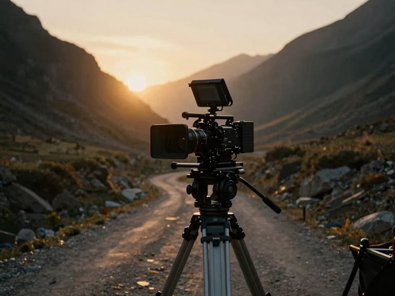 Behind the scenes of a production setup in a dramatic mountain pass, heavy camera rig on a tripod, golden hour backlighting, moody atmosphere.
