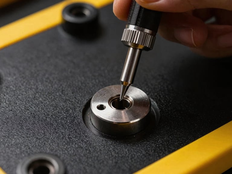 Macro shot of a locksmith using a precise metal tool to align a residential lock cylinder, high contrast lighting, metallic textures