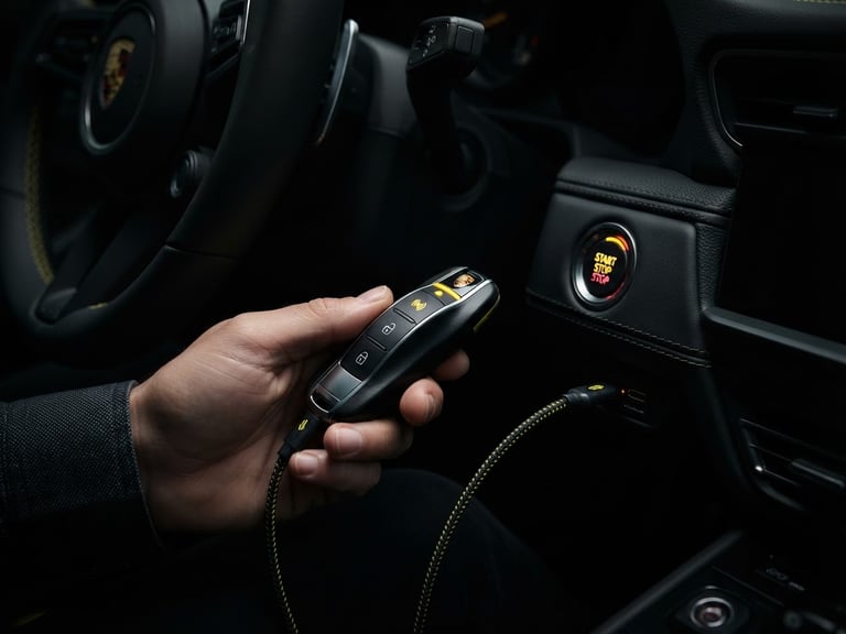 Macro close-up of a modern keyless car key being programmed inside a vehicle, high contrast, sharp focus, yellow accents, dramatic lighting