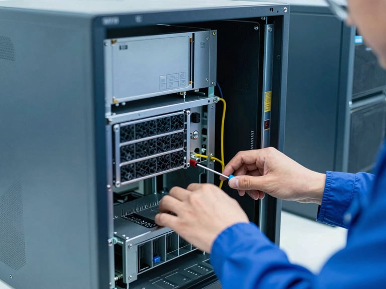 Technician's hands performing diagnostics on an open computer server, tools visible, industrial blue and slate tones, bright workshop light, sharp focus, 35mm