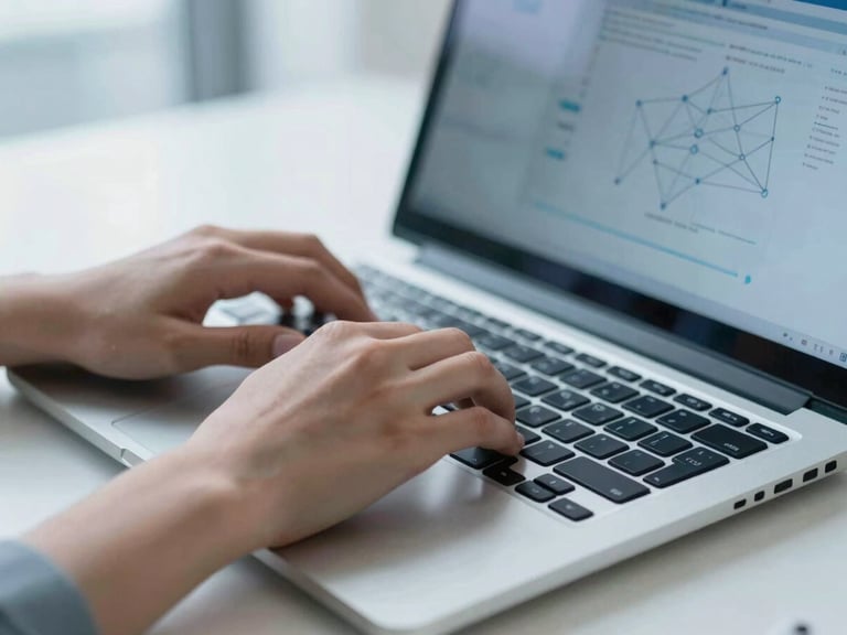 Hands typing on a secure laptop keyboard, with a network diagram faintly visible on screen, cool blue tones, natural office light, sharp focus, 35mm