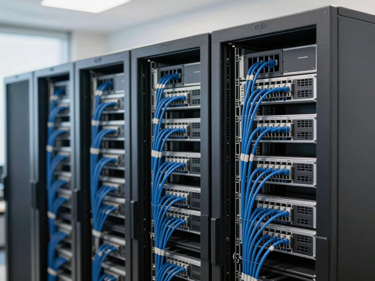 Clean, organized server rack with clearly labeled cables, blue and slate tones, natural bright office light, sharp focus, 35mm