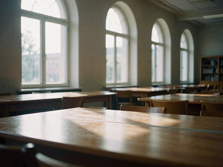 Interior of an empty university library, long wooden study tables, natural light streaming through high arched windows, dust motes in the air, 35mm lens.