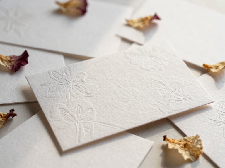 Close-up of luxury floral business cards with delicate blind debossing on thick handmade paper, scattered dried petals, soft morning light, 35mm