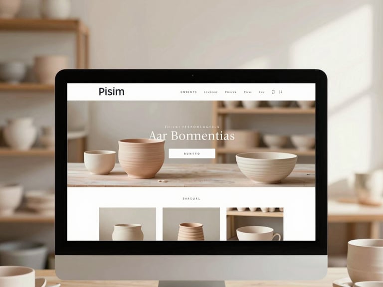 A beautiful responsive website homepage for an artisan pottery studio on a desktop screen, warm ceramic textures in background, soft morning light, editorial