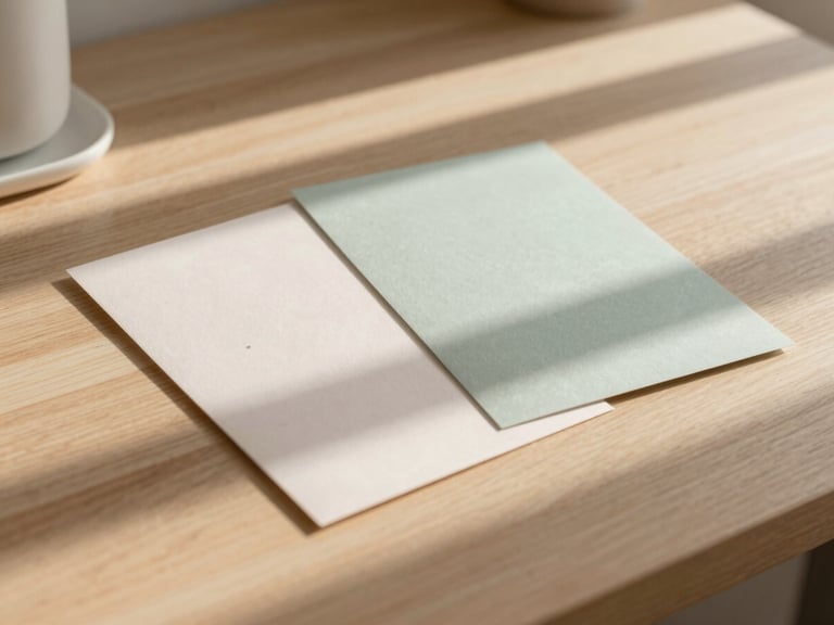 Tactile paper goods and branding mockups on a wooden desk with soft morning shadows, clean editorial composition, warm muted tones, 35mm